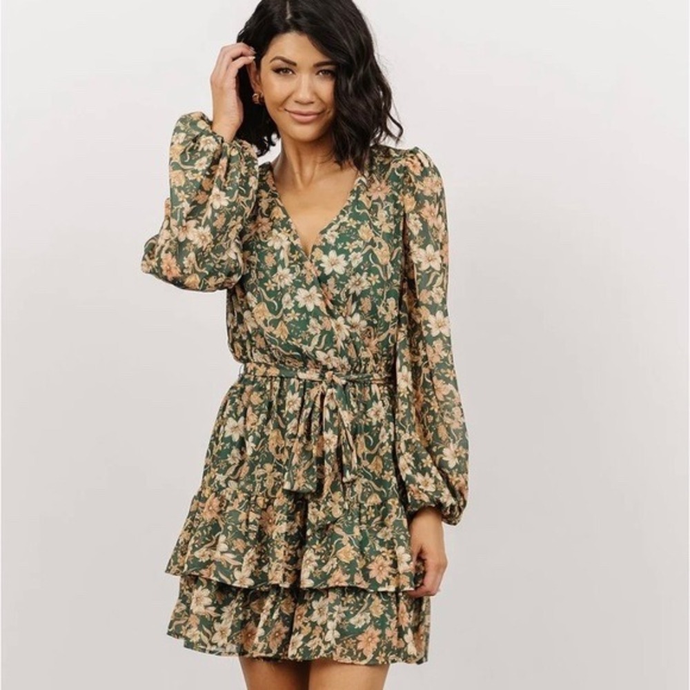 Baltic Born Shirley Ruffle Mini Dress Green Floral XL Long Sleeve Tiered Wrap